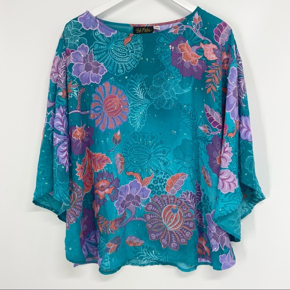 Bob Mackie Tops - Bob Mackie Wearable Art Top Teal Blue Floral Satin Poncho Flowy Oversized